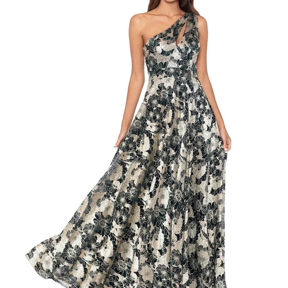 Betsy & Adam Black Floral One-Shoulder Dress